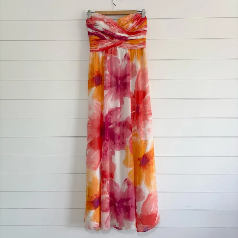 Ralph Lauren Evening Floral Maxi strapless  Dress in Pink and Orange Size 2